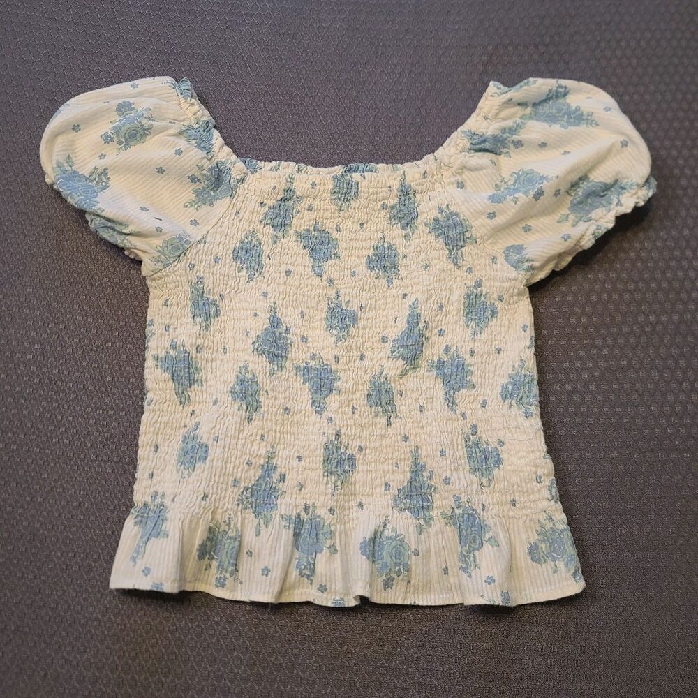 Wallflower Girl Puff Sleeve Cottagecore Top  White Blue Floral Sz M (10/12)